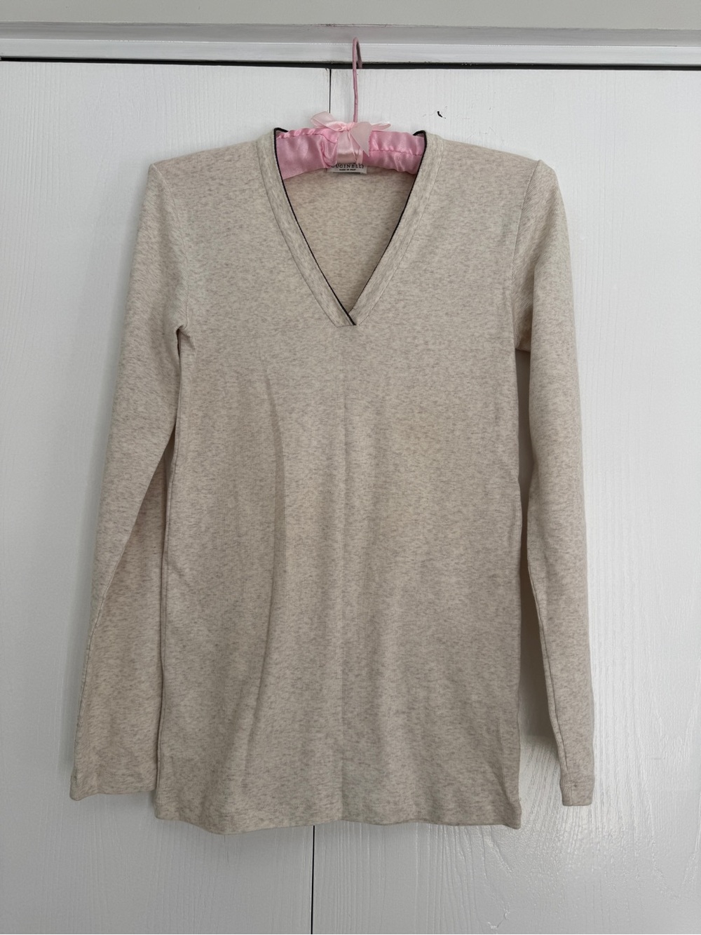 Brunello Cucinelli Women's V-Neck Long Sleeves Top with Monili Beads Oat Meal S